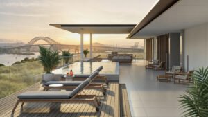 Piscina y terraza de Passage Amador con vista al Canal de Panamá – apartamento en venta en Amador.