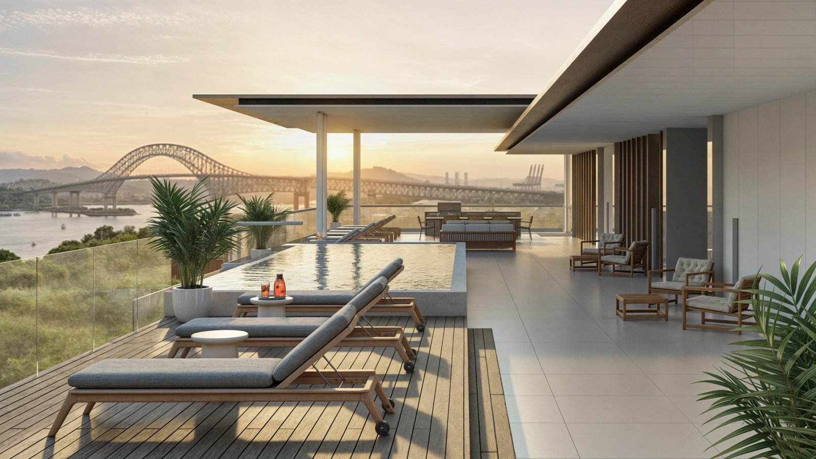 Piscina y terraza de Passage Amador con vista al Canal de Panamá – apartamento en venta en Amador.
