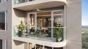 Balcón de apartamento de lujo en Ébano Santa María con diseño contemporáneo y amplios espacios interiores