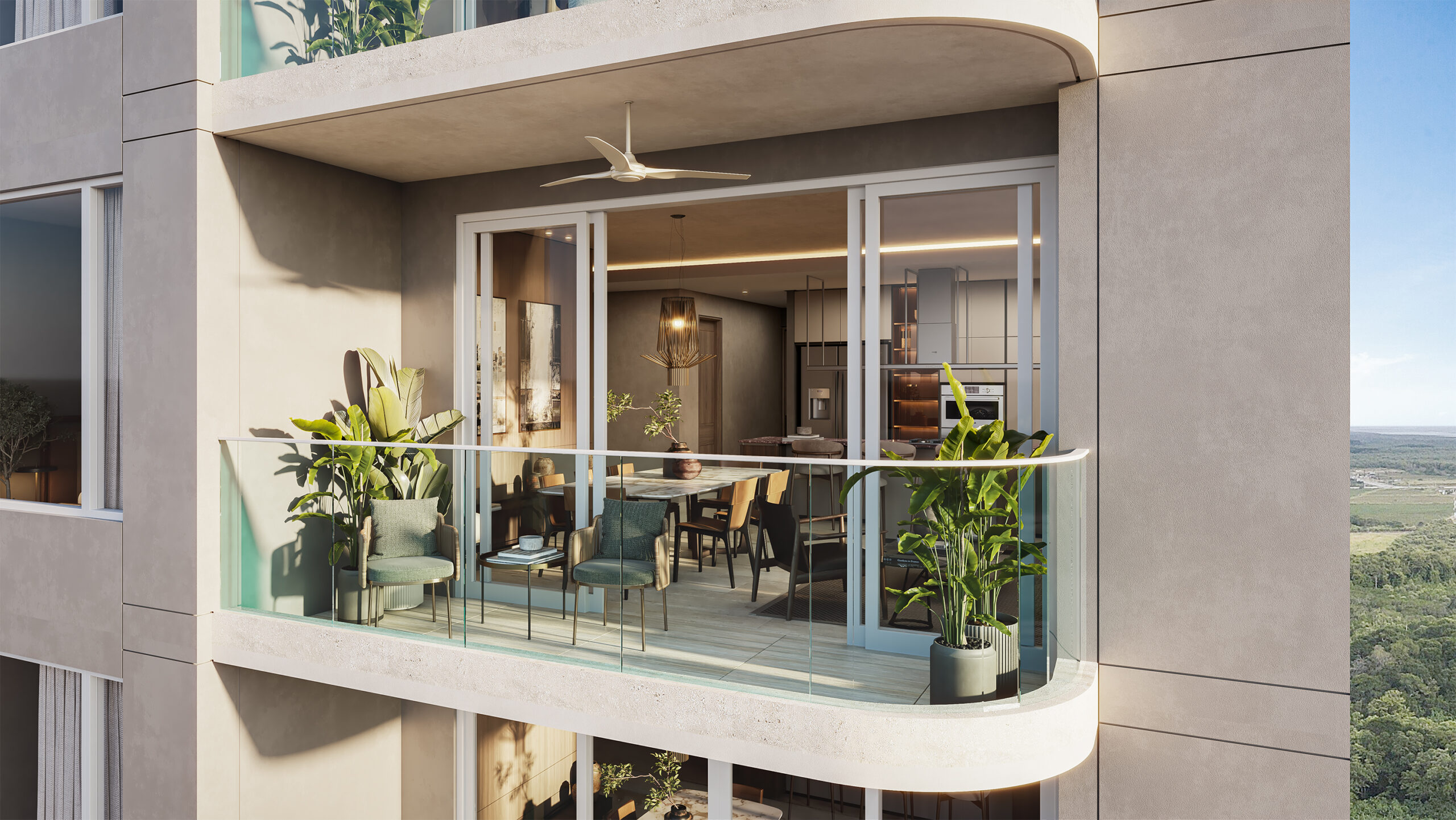 Balcón de apartamento de lujo en Ébano Santa María con diseño contemporáneo y amplios espacios interiores